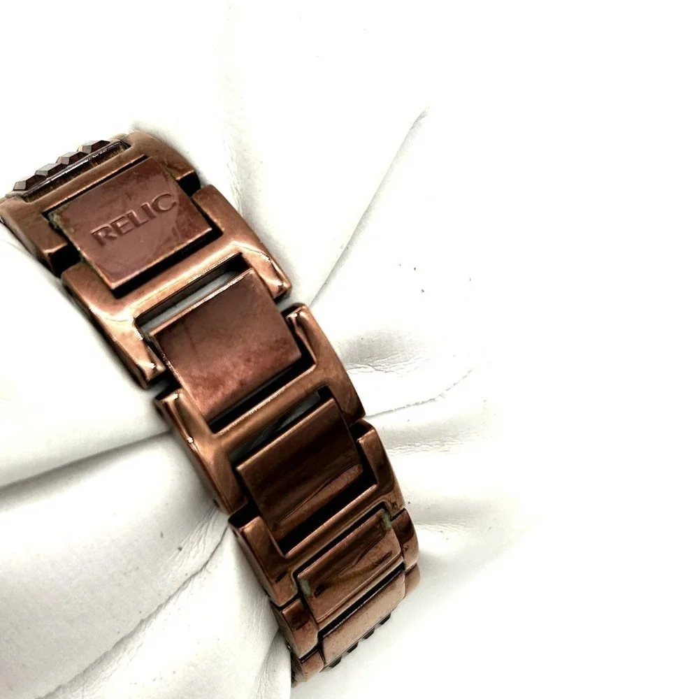 Relic Women's Watch Rose Gold Tone Brown Crystal Accents Rectangular Face